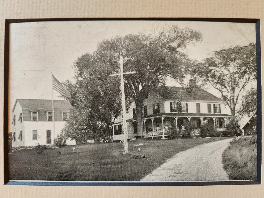 Photograph of the house with a flag flying and a carriage drive in front