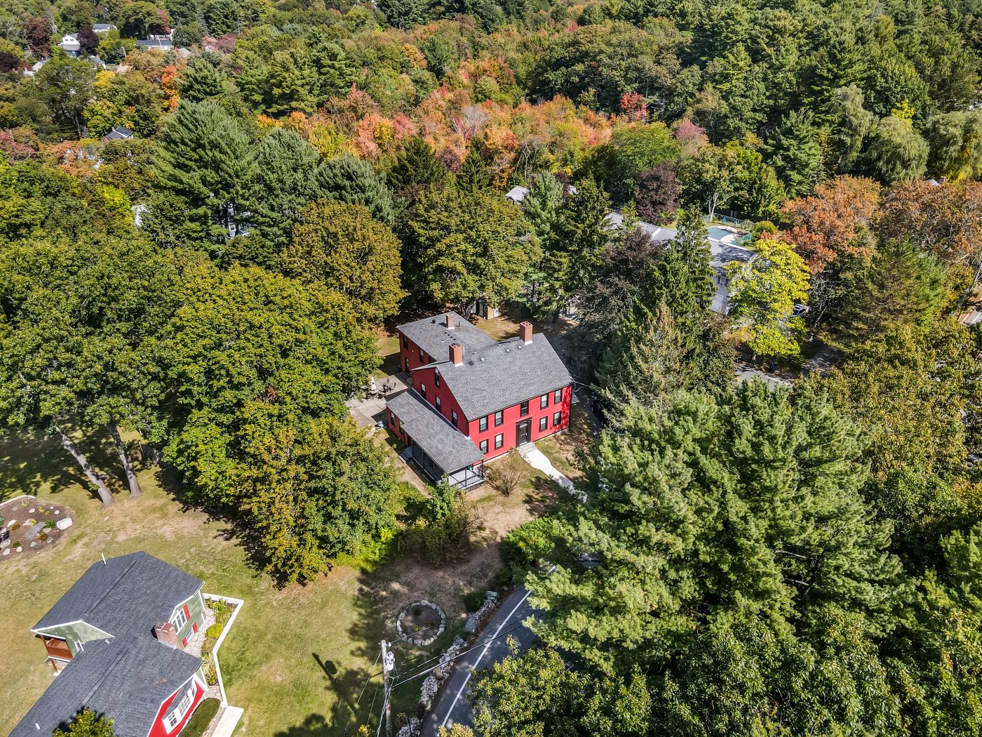Aerial view of 20 Harnden Street showing the house, grounds and surrounding trees